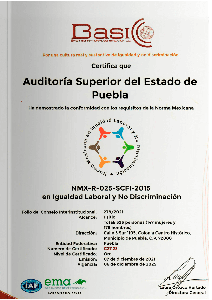 Certifica que la Auditoría Superior del Estado de Puebla